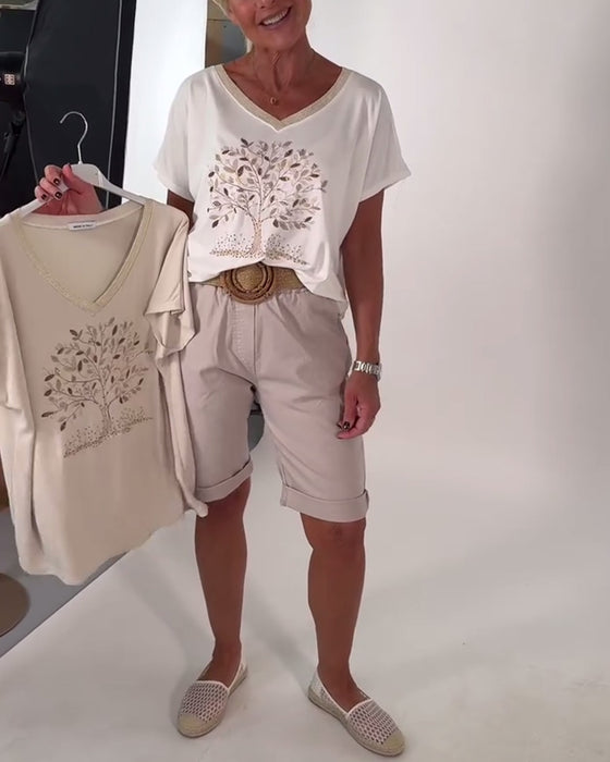 V-Neck Printed Versatile T-Shirt