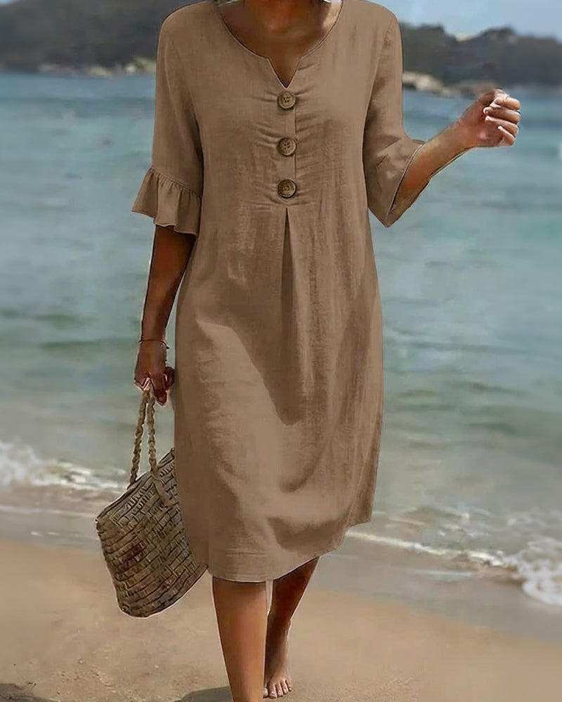 Button Ruffle Sleeve 100% Cotton Dress