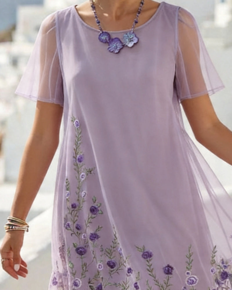 Round Neck Short Sleeve Mesh Dress