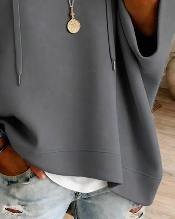 Three-Quarter Sleeve Drawstring Hooded Sweatshirt