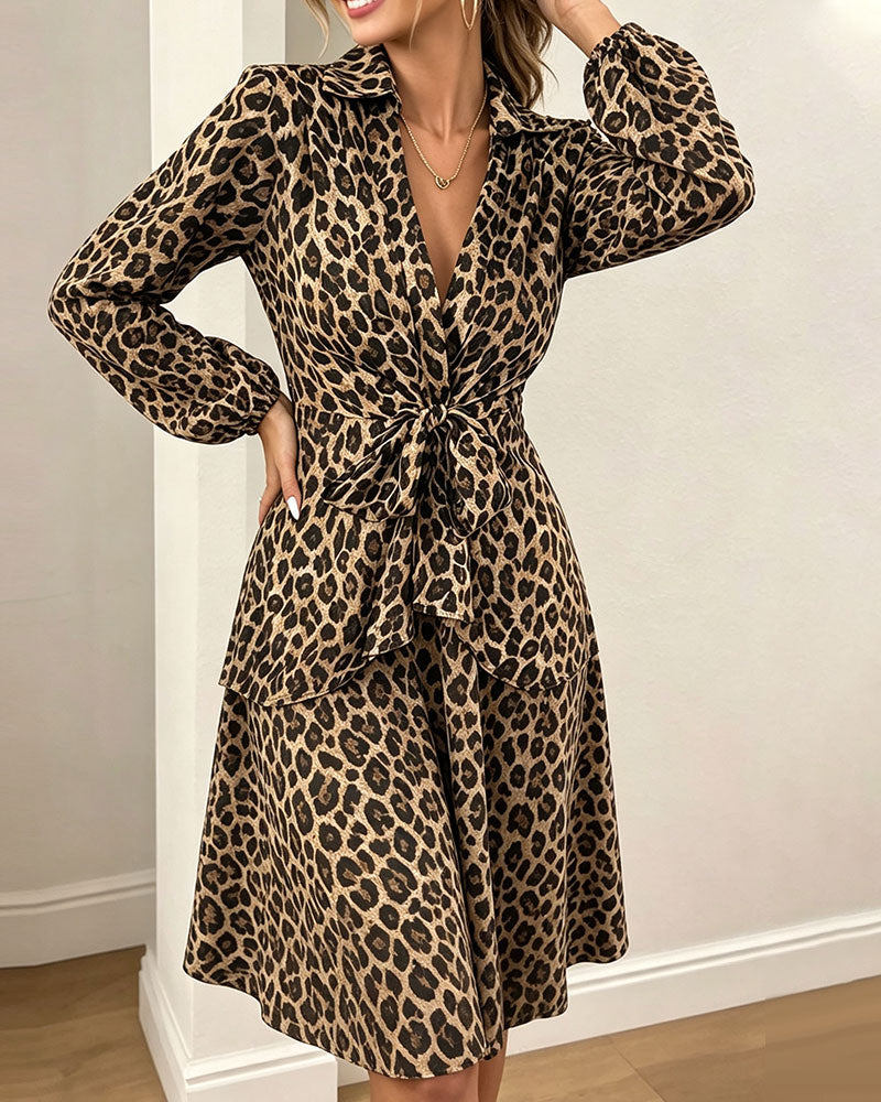 Leopard Print Lapel Waist Strapped Shirt Dress