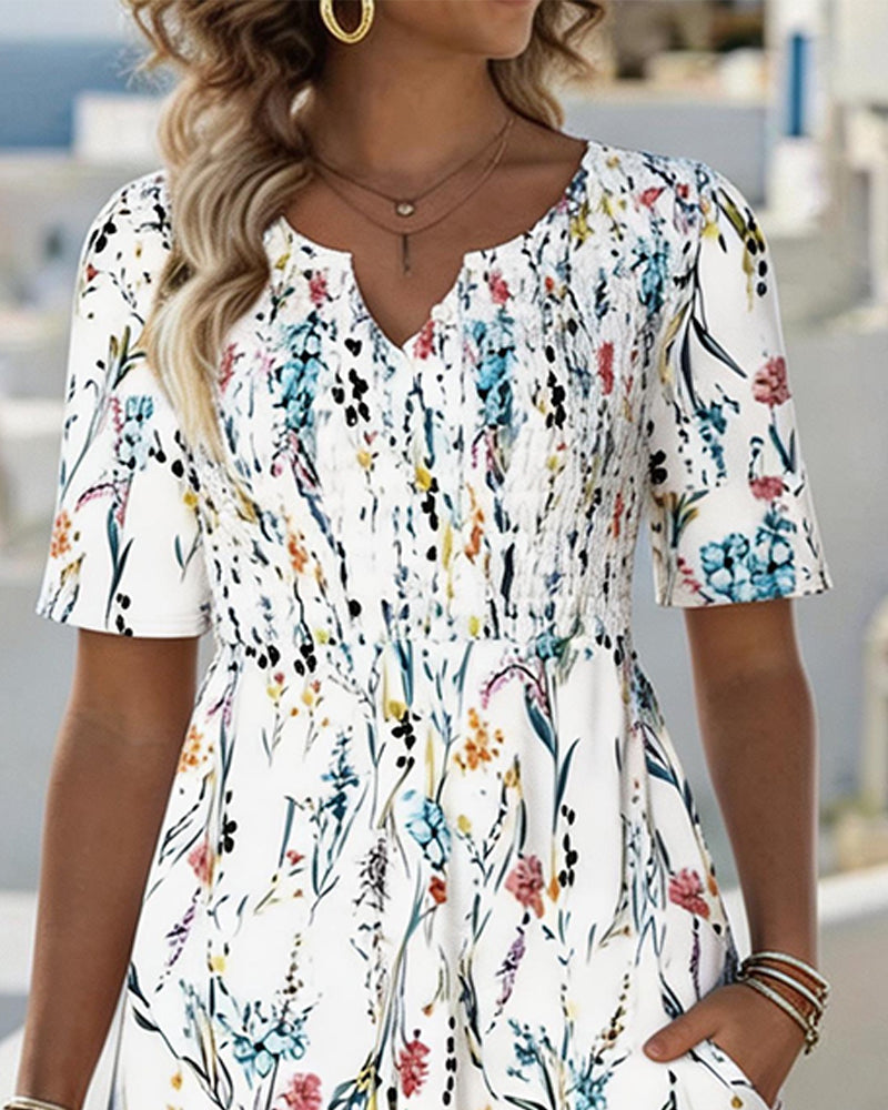 V Neck White Background Watercolor Floral Print Dress