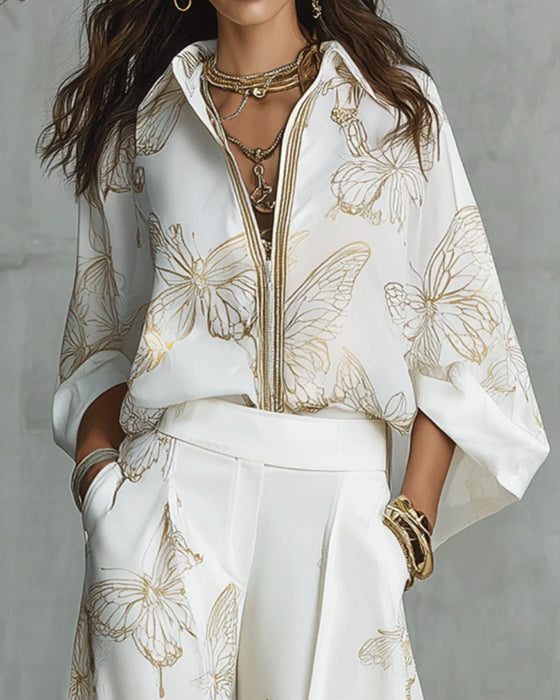 Casual Butterfly Print Two-Piece Set