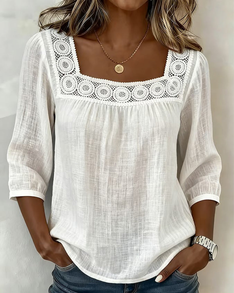 Square Neck Lace Patchwork Blouse