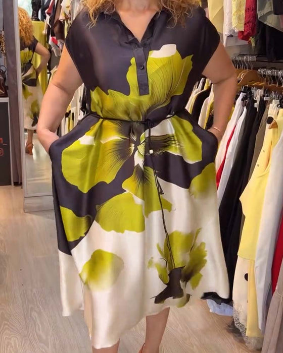 Lapel V-Neck Floral Loose Dress