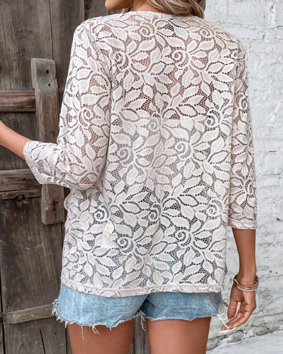 Three-quarter sleeve solid color lace coat