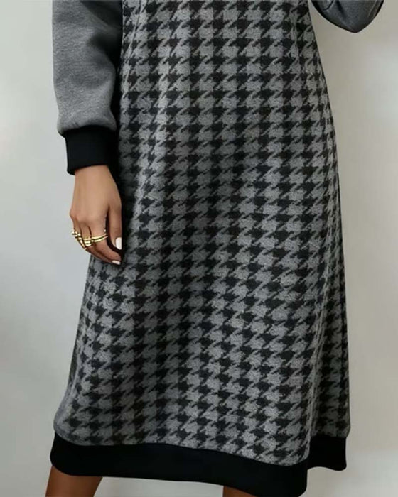 Round Neck Houndstooth Color-Block Dress