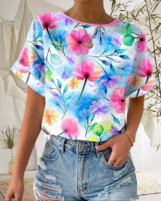 Printed Crew Neck Short Sleeve Blouse