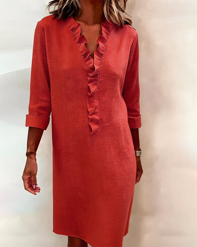 Ruffled V-Neck Solid Color Dress