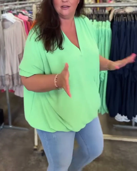 V-neck ruffle trim solid color casual blouse