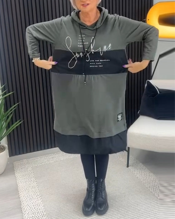 Casual color block letter print pocket hooded dress