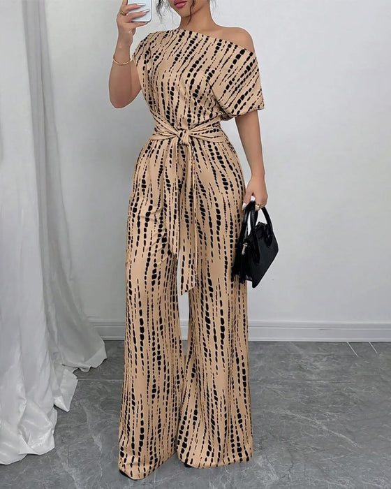 One-Shoulder Tie Wide Leg Jumpsuit