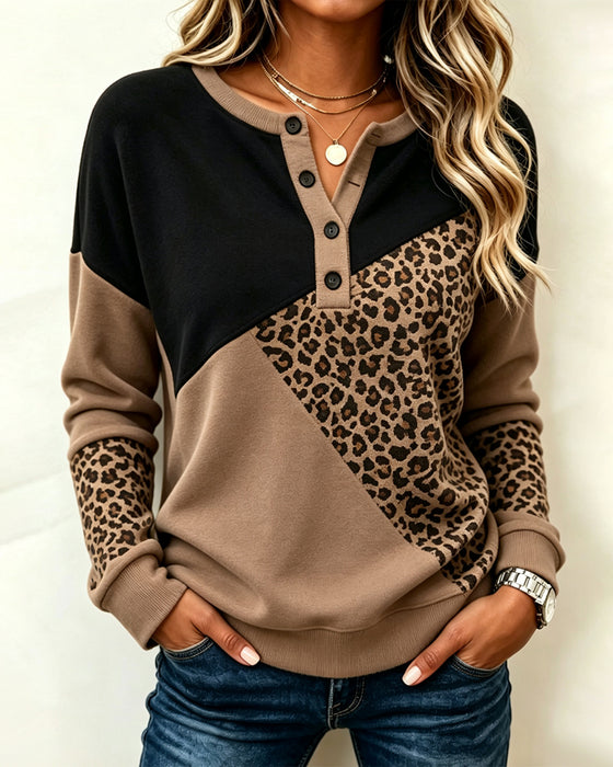 Contrast Buttoned Leopard Print Sweatshirt