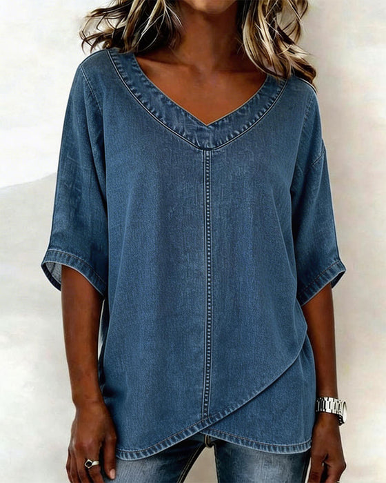 V-Neck Casual Denim Top