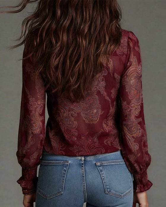 Half-Zip Ruffle Retro Blouse