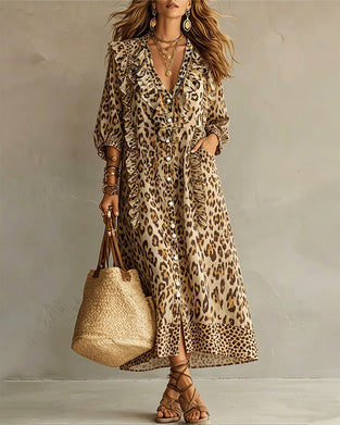 Leopard Print Ruffle Hem Maxi Dress