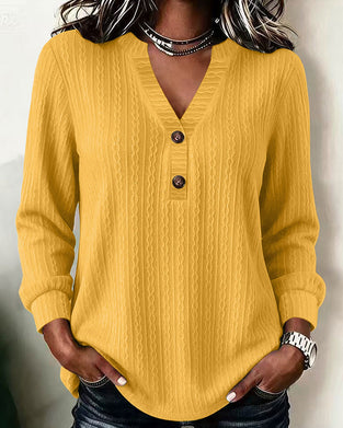 Solid Color Ribbed V-Neck Button-Down Top