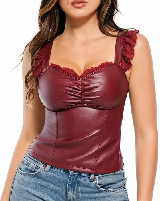 PU Lace Ruffle Tank Top