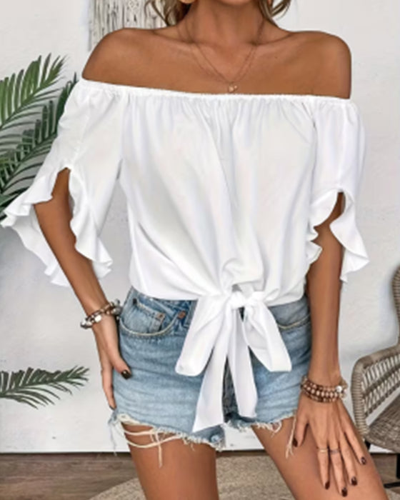 Off-Shoulder Bow Flare Sleeve Blouse