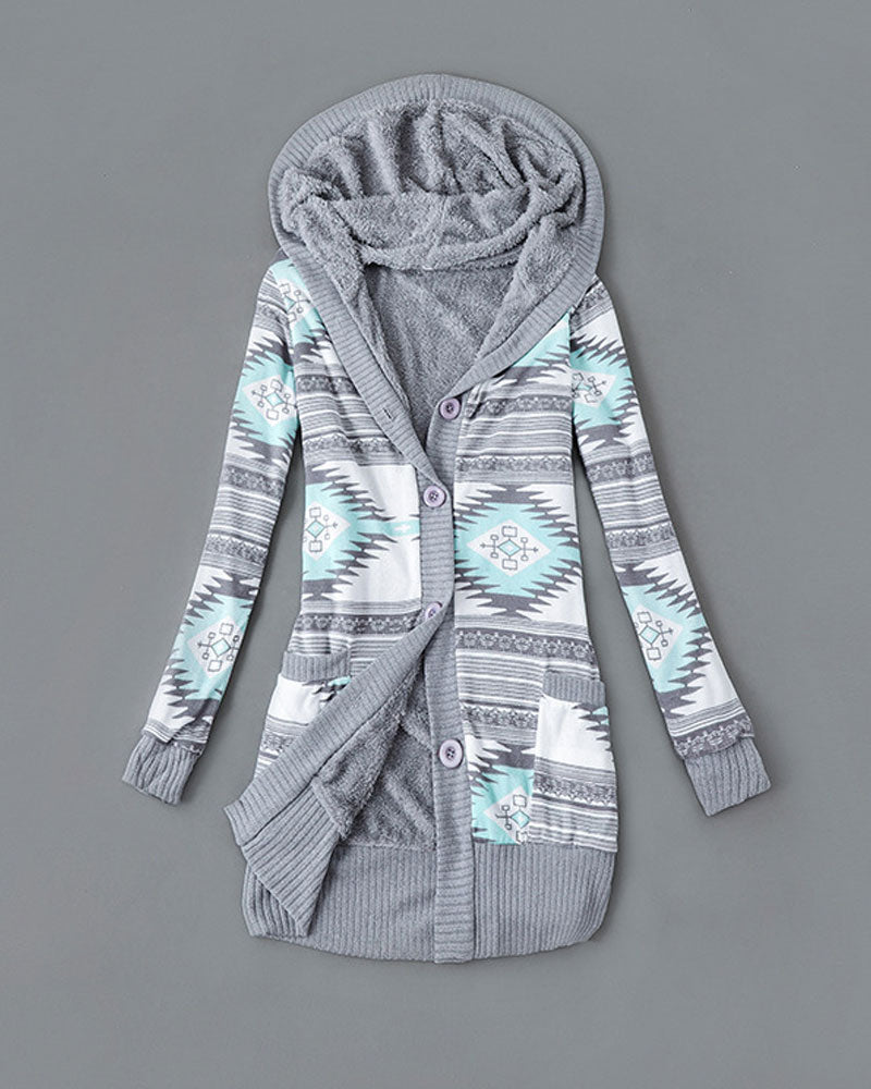 Printed Hooded Button Down Coat