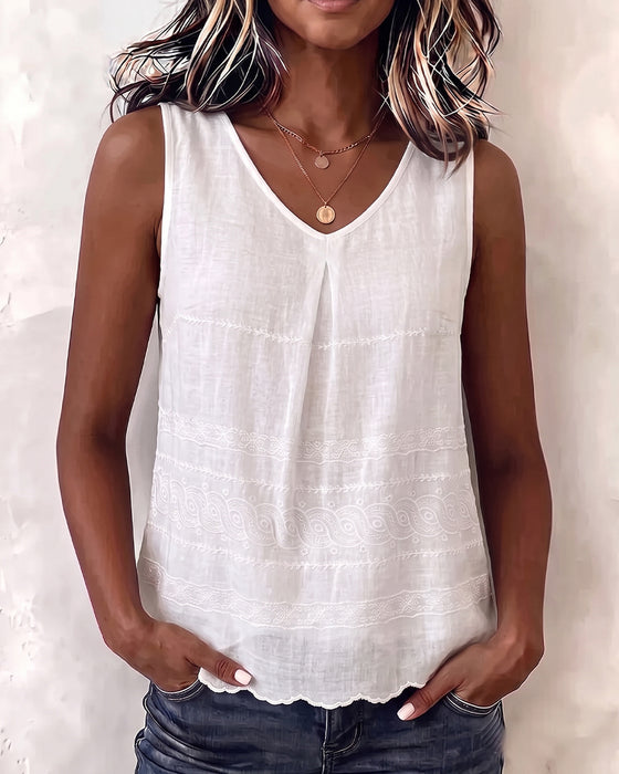 Solid-Color V-Neck Pleated Tank Top