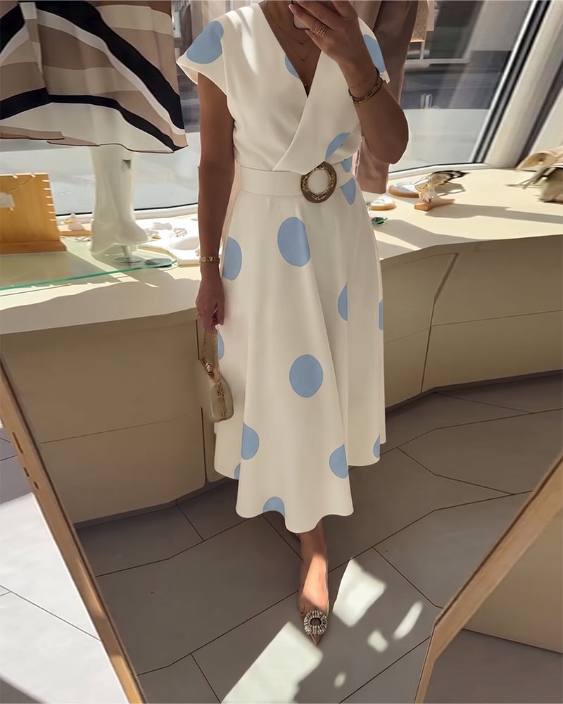 Polka Dot V-Neck Waist-Cinching Dress