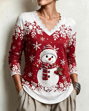 V-Neck Lace Trim Christmas Style Top