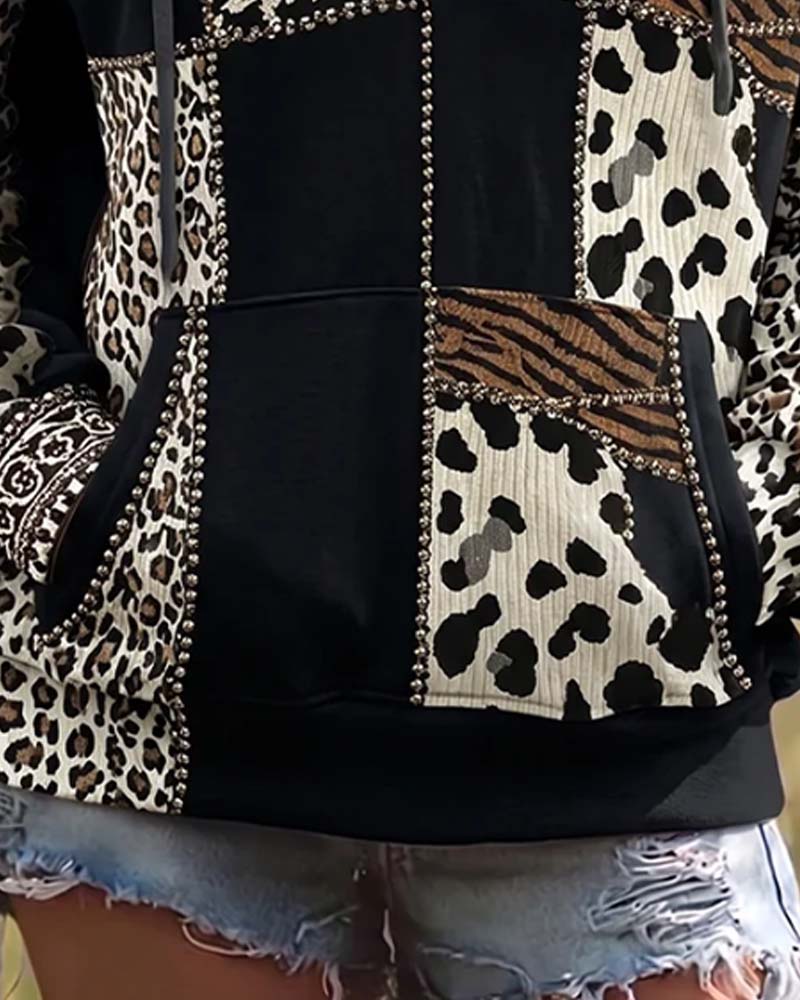 Leopard Print Patchwork Casual Hoodie