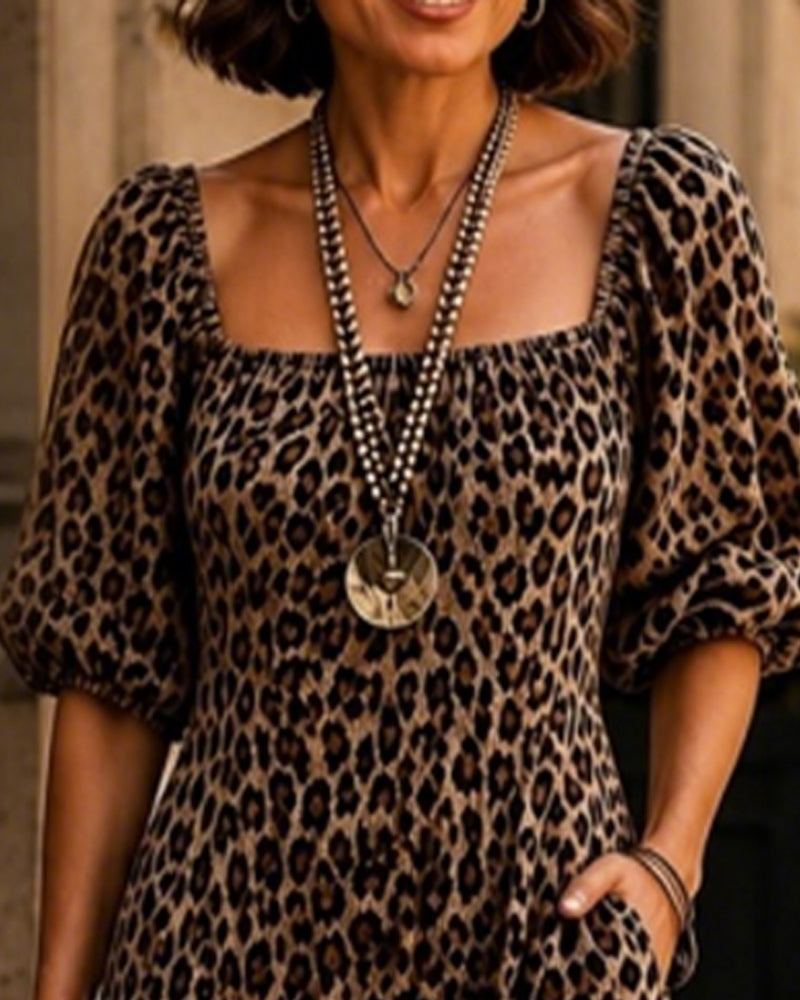 Square Neck Leopard Fashion Dress