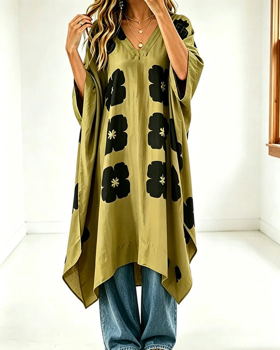 Print V-Neck Batwing Sleeve Loose Fit Dress