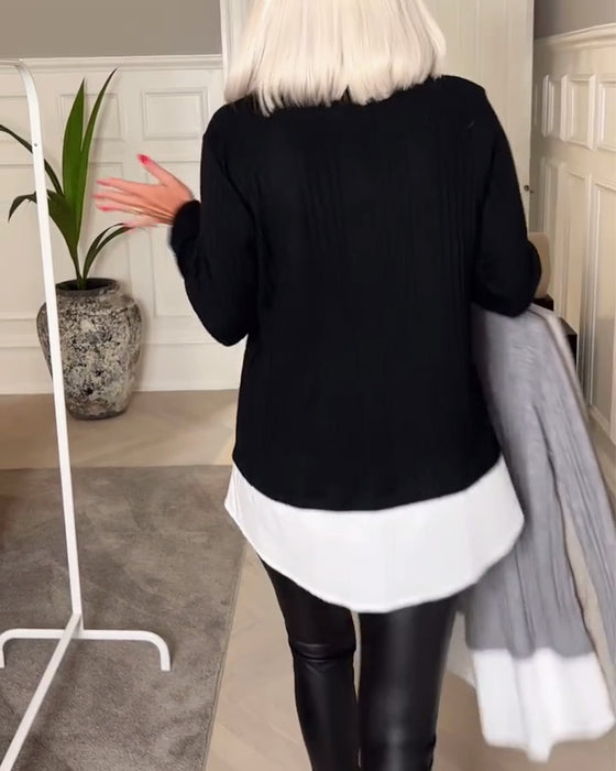 Casual lapel patchwork long sleeve fake two-piece top