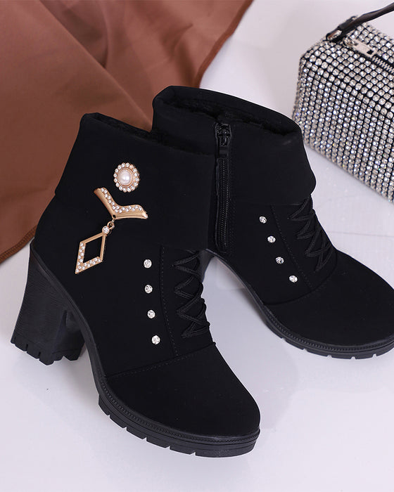 Women's Chunky Heeled Ankle Boots with Rhinestone Decor