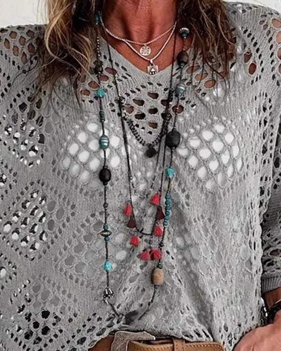 Diamond-Patterned Openwork Loose Top