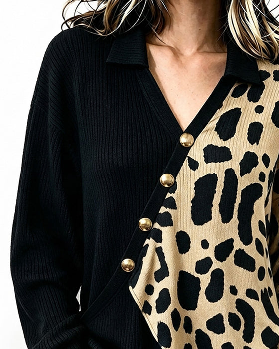 Leopard Patchwork Asymmetric Placket Color Block Pullover