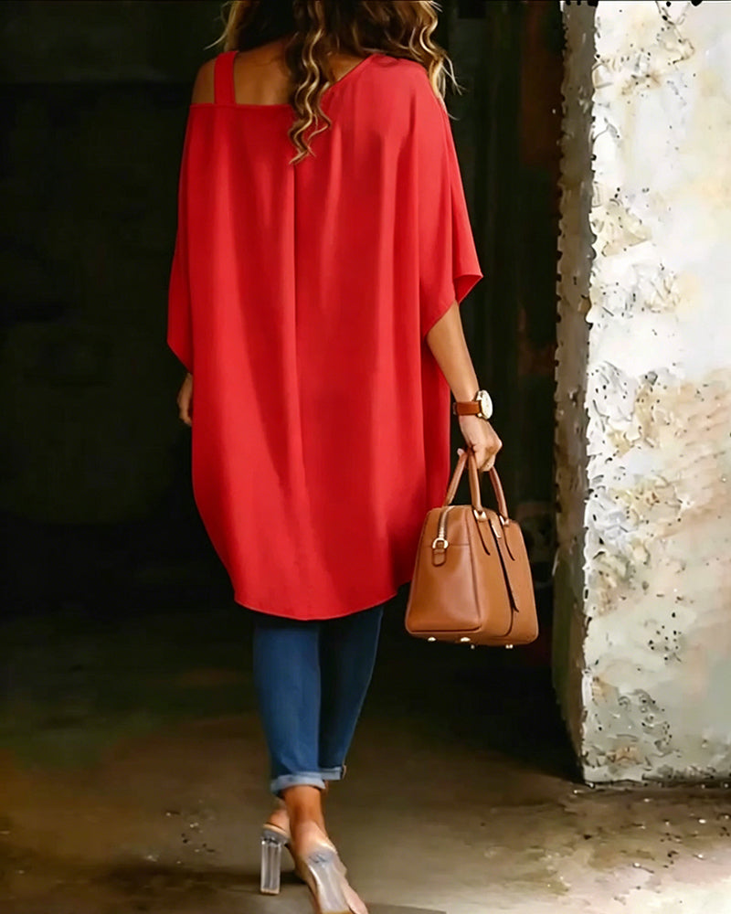 Asymmetric Cold-Shoulder Solid Color Casual Blouse
