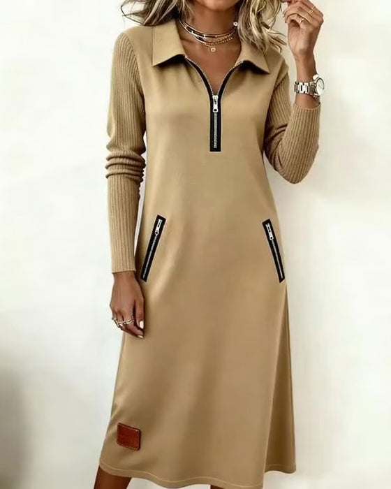 Lapel Half-Zip Shift Dress
