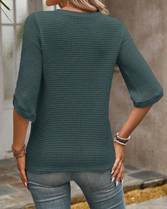 Waffle Solid Crew Neck Top