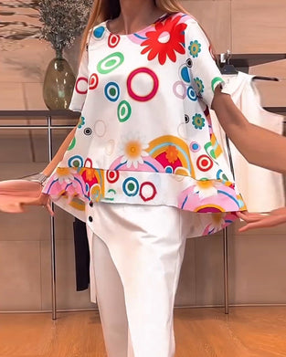 Printed round neck short sleeve casual top