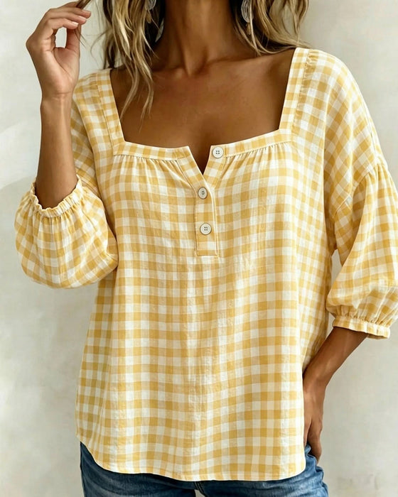 Square Neck Button-Up Plaid Blouse