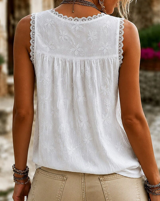 V-Neck Solid Color Lace Tank Top