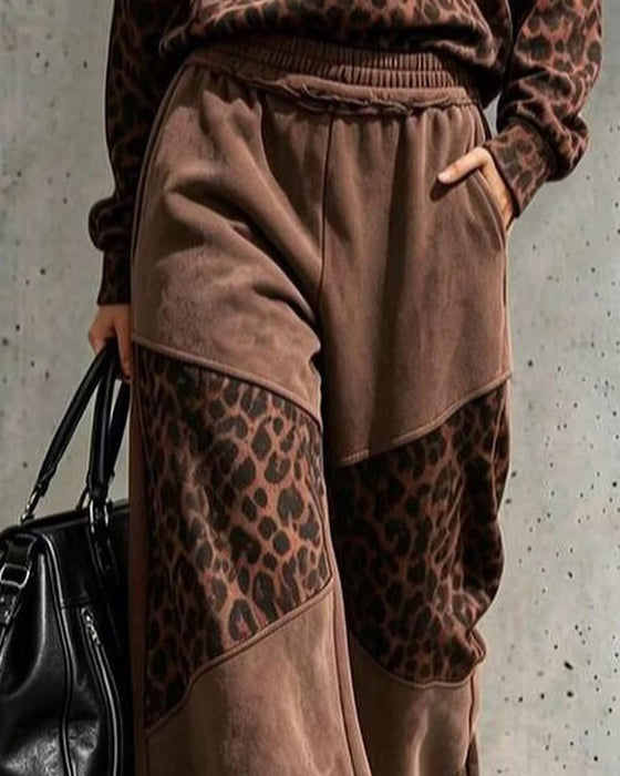 Leopard Print Patchwork Sweatshirt Set