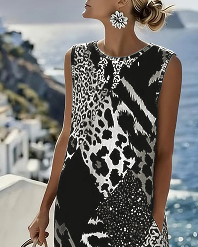 Patchwork Leopard Print Sleeveless Long Dress