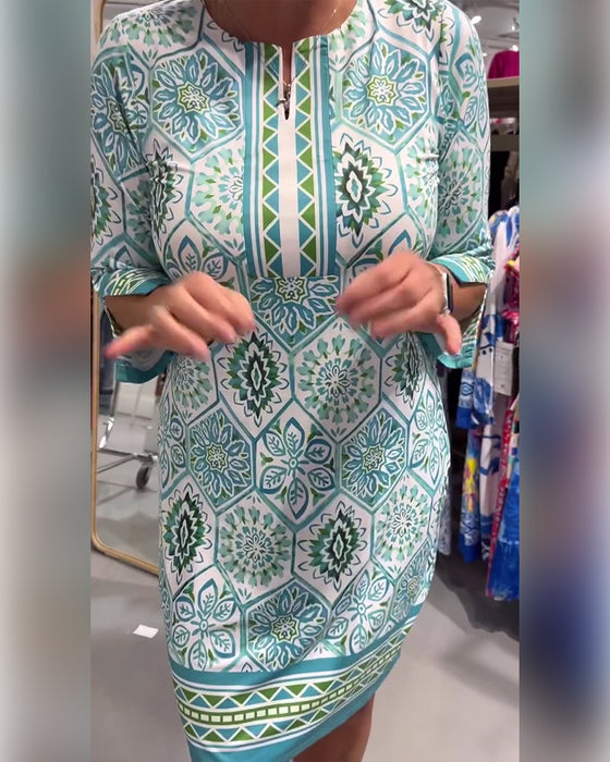 Circle Print Round Neck Straight Dress