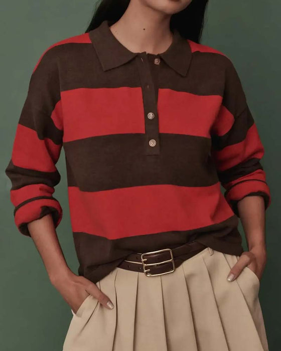 Wide Striped Buttoned Lapel Pullover