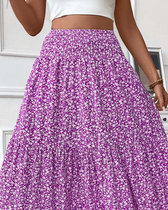 Layered Tiny Flower Print A-Line Long Skirt