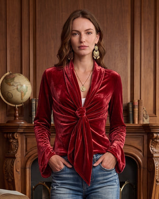 V-Neck Knot Shirred Long-Sleeved Top