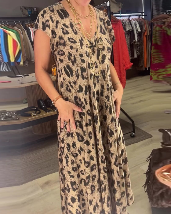 V-Neck Leopard Full Skirt Dress