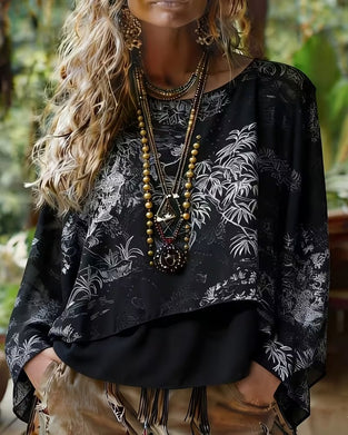 Botanical Print Batwing-Sleeve Blouse