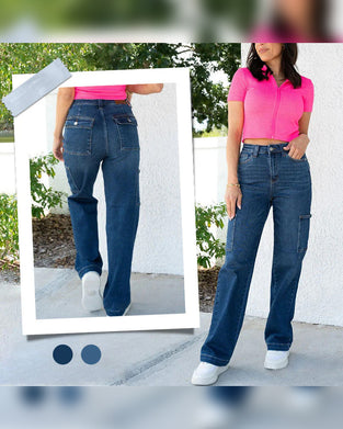 High Rise Cargo Wide-Leg Stretch Jeans for Women
