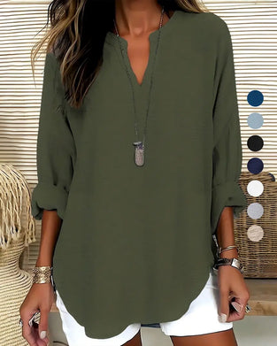 V Neck Irregular Solid Color Long Sleeve Blouse